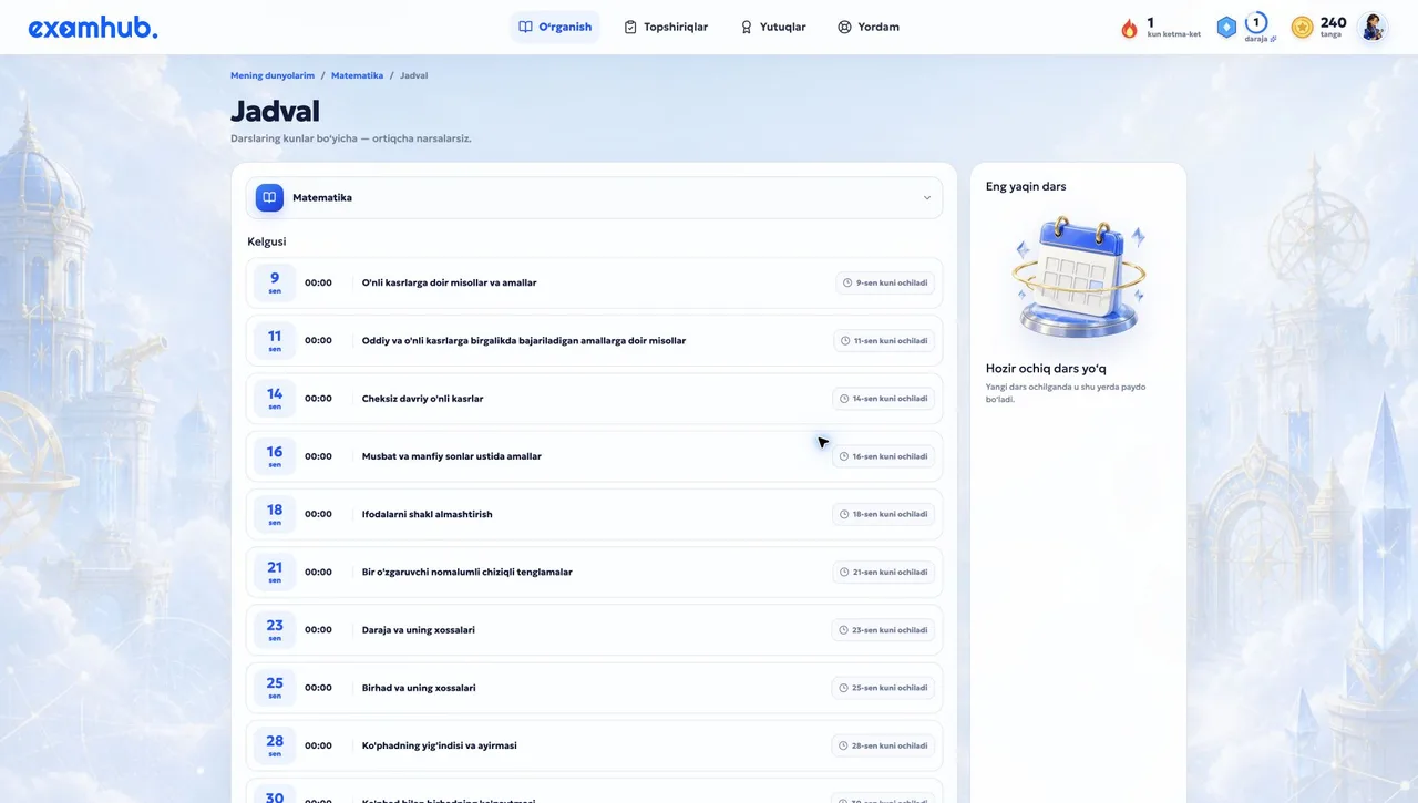 ExamHub o‘quv kabinetining skrinshoti: Jadval
